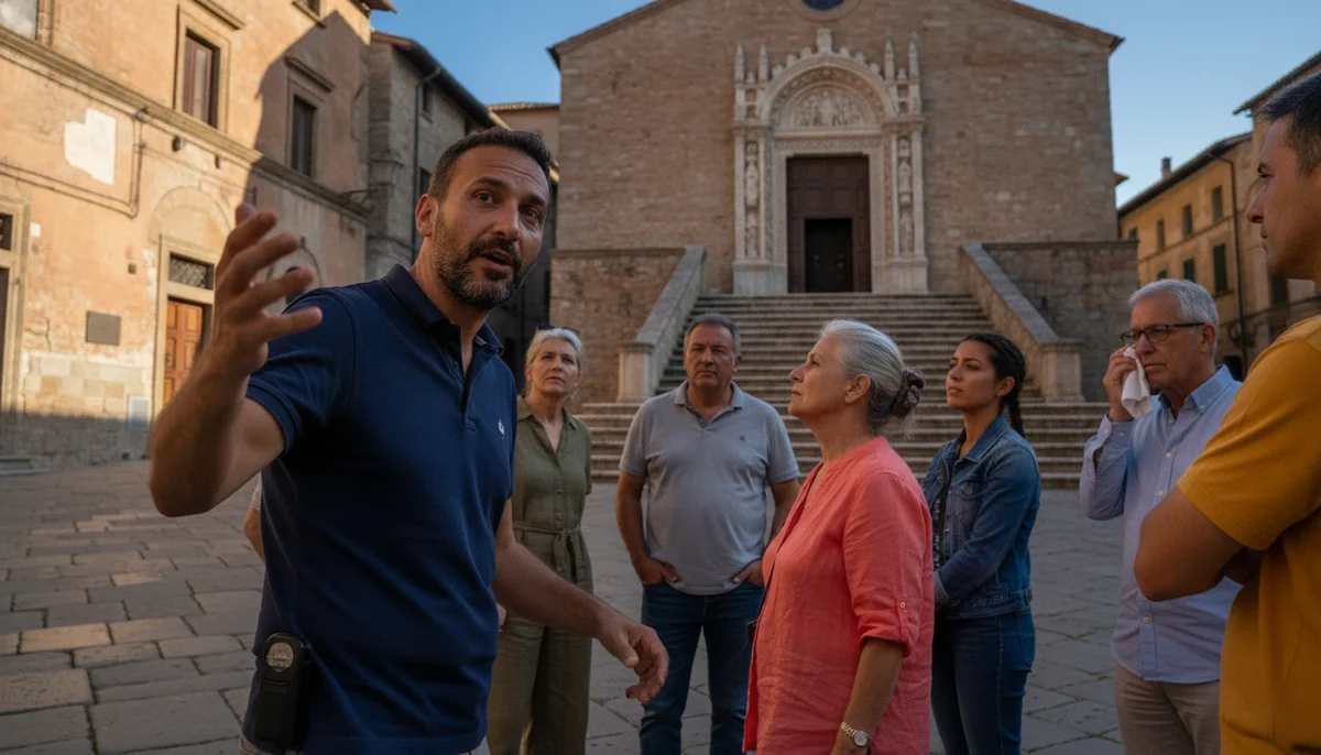 Un groupe de voyageurs attentifs écoutant un guide local lors d'un voyage organisé dans une vieille ville européenne ensoleillée.